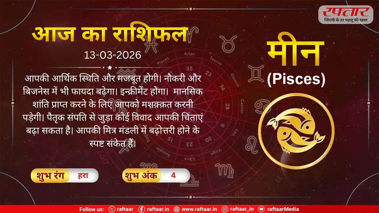 Astro Today 13 March 2026: मीन राशि-सेहत के मामले में बिलकुल लापरवाह न रहे,  बिजनेस में भी फायदा बढ़ेगा