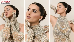 Tara Sutaria मोतियों से सजी एक बेहद खूबसूरत पोशाक में आधुनिक विक्टोरियन सौंदर्य का स्पर्श बिखेर रही हैं।